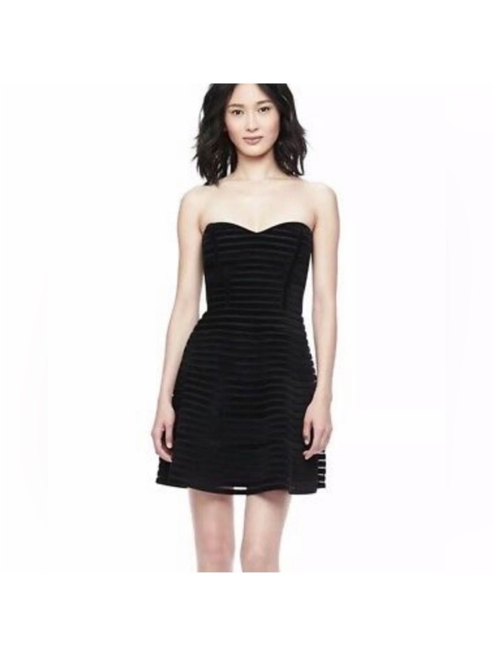 Parker Strapless Black Layered Velvet Striped Fit-and-Flare Cocktail Dress Small